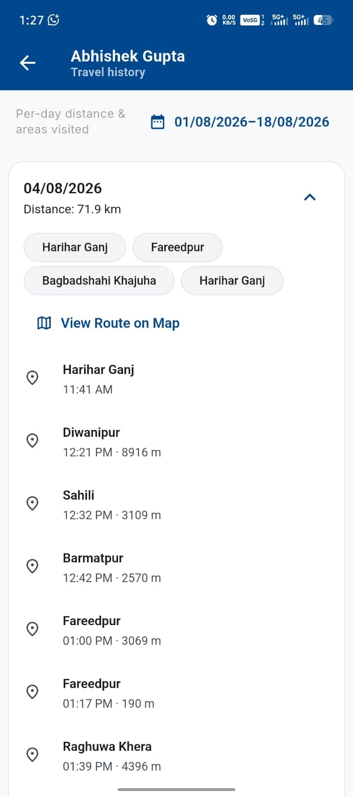 Travel history — stops, times and distance