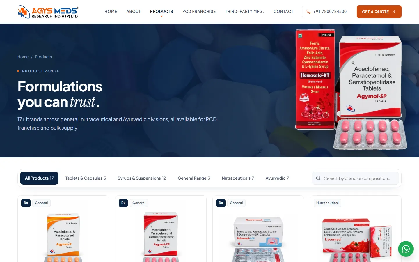 Product range — filter by division and search