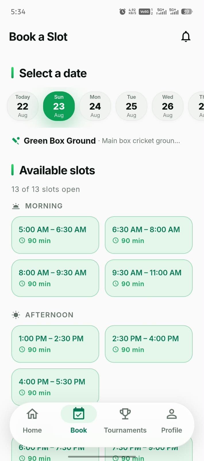 Green Box Sports — Player App — Home — book a 90-minute slot