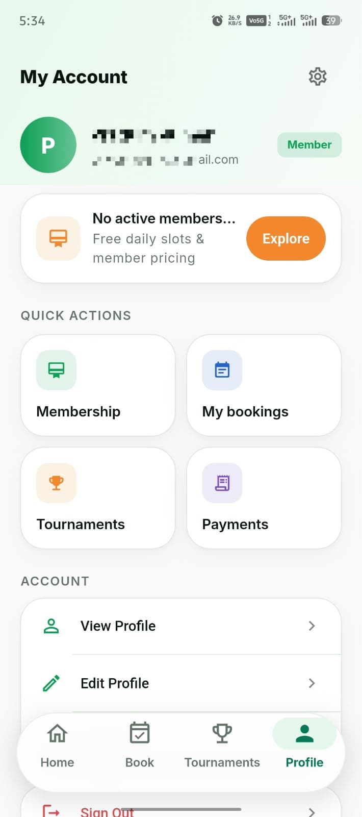 Account — bookings, tournaments and payments