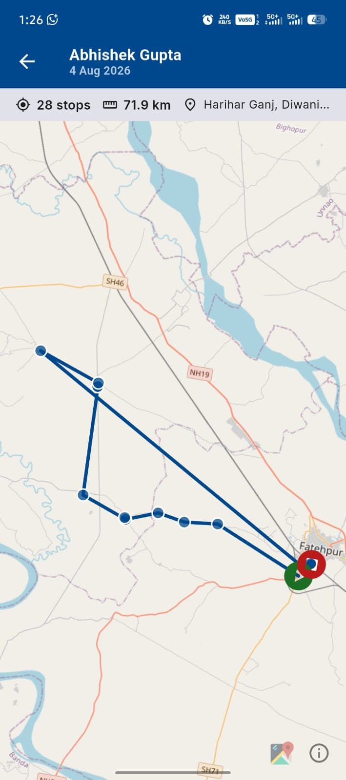 Pharma India CRM — Field Force App — GPS route map with verified stops