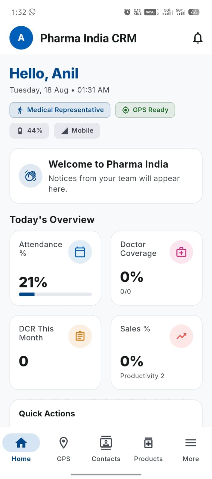 Rep dashboard — day punch and quick actions